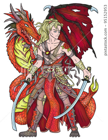 Colorful illustration with fantasy dragon and handsome warrior character boy, hero man or prince isolated on white, manga cartoon style Colorful illustration with fantasy dragon and handsome warrior character boy, hero man or prince isolated on white, manga cartoon style 95152953