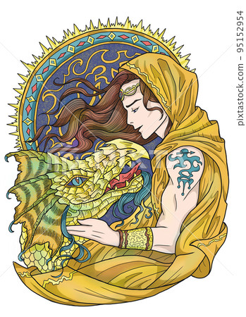 Colorful illustration with fantasy dragon and handsome warrior character boy, hero man or prince isolated on white, manga cartoon style 95152954