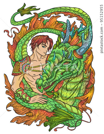 Colorful illustration with fantasy dragon and handsome warrior character boy, hero man or prince isolated on white, manga cartoon style Colorful illustration with fantasy dragon and handsome warrior character boy, hero man or prince isolated on white, manga cartoon style 95152955