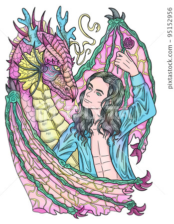 Colorful illustration with fantasy dragon and handsome warrior character boy, hero man or prince isolated on white, manga cartoon style Colorful illustration with fantasy dragon and handsome warrior character boy, hero man or prince isolated on white, manga cartoon style 95152956