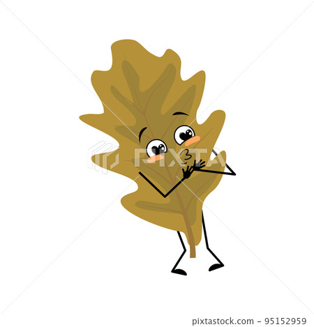 Oak leaf character with love emotions, smile face, arms and legs. Cheerful forest plant in autumn brown colour. Vector flat illustration 95152959
