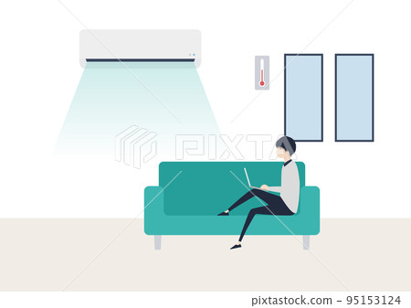 Illustration material of a young man who is comfortable in an air-conditioned room 95153124