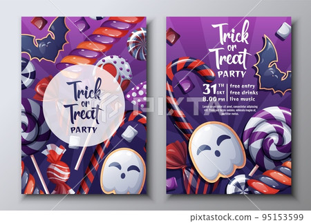 Vector set of Halloween party invitations or greeting cards with candies, lollipops.Ghost and Bat Cookies. Vector set of Halloween party invitations or greeting cards with candies, lollipops.Ghost and Bat Cookies. 95153599