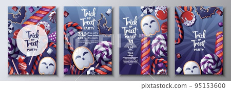 Vector set of Halloween party invitations or greeting cards with candies, lollipops.Ghost and Bat Cookies Vector set of Halloween party invitations or greeting cards with candies, lollipops.Ghost and Bat Cookies 95153600