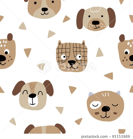 Brown print with cute dog faces and hand drawn elements Brown print with cute dog faces and hand drawn elements 95153989