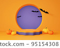 3D rendering orange and purple product display stand with pumpkins and flying bats on orange background. Happy Halloween theme. 95154308