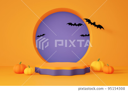 3D rendering orange and purple product display stand with pumpkins and flying bats on orange background. Happy Halloween theme. 3D rendering orange and purple product display stand with pumpkins and flying bats on orange background. Happy Halloween theme. 95154308