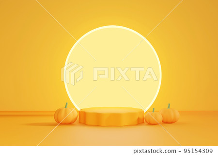 3D rendering orange product display stand with pumpkin on orange background. Autumn or Halloween theme. 3D rendering orange product display stand with pumpkin on orange background. Autumn or Halloween theme. 95154309