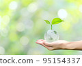 Young plant on crystal globe in hand with green background, concept for eco friendly business, green energy and climate change. 95154337