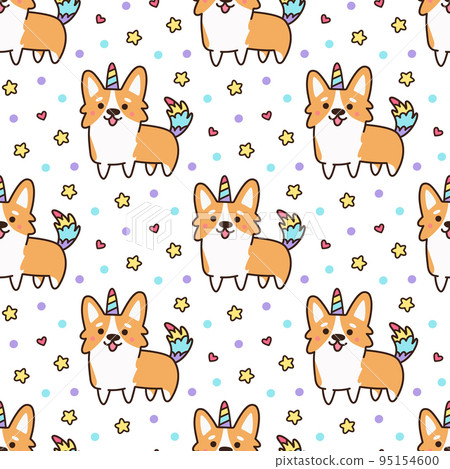 Seamless pattern with welsh corgi in a unicorn costume with horn and colorful tail 95154600