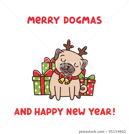 Cute dog breed pug with deer horns and bells with gifts 95154602