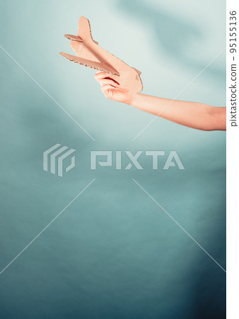 Woman holding airplane in hand. Woman holding airplane in hand. 95155136