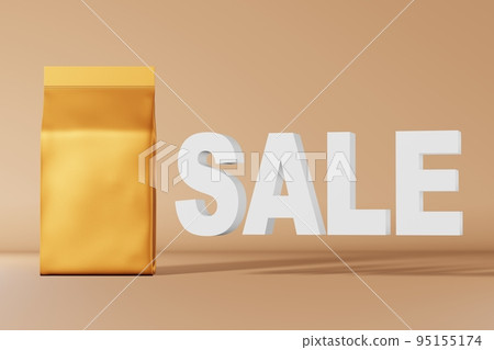 Golden standing pouch bag branding Sale sign 3D rendering neutral beige background Merchandise premium package template 95155174