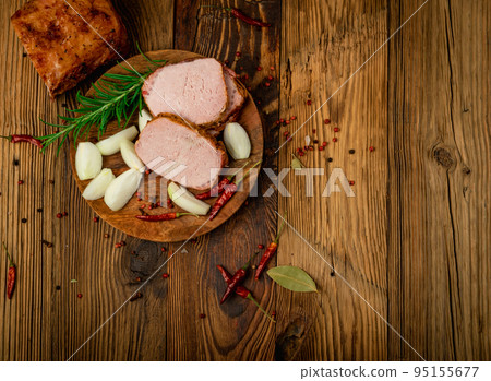 Baked Pork Tenderloin Cut, Sliced Ham, Meat Fillet Baked Pork Tenderloin Cut, Sliced Ham, Meat Fillet 95155677