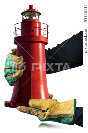 Gloved Hands Holding an Old Red Lighthouse Isolated on White Background 95156113