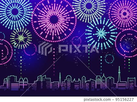 城市景觀的插圖與霓虹色的閃閃發光的煙花 95156227