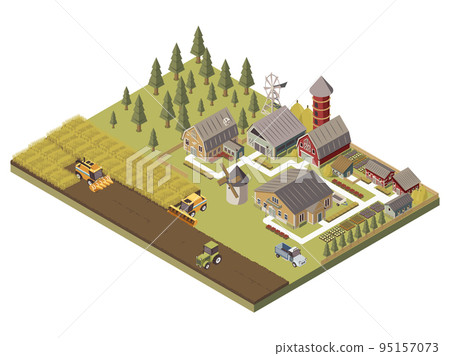 Farm Buildings And Cultivated Fields Illustration Farm Buildings And Cultivated Fields Illustration 95157073
