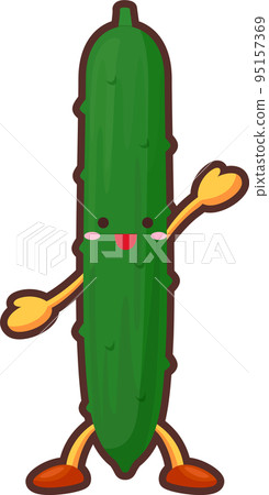 舉起一隻手的可愛黃瓜角色的插圖 95157369