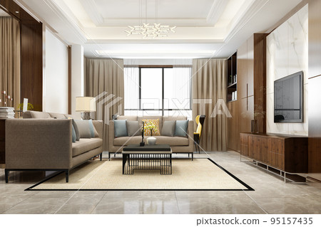 3d rendering loft luxury living room with bookshelf  95157435