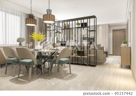 3d rendering loft luxury living room with shelf near dining table 95157442