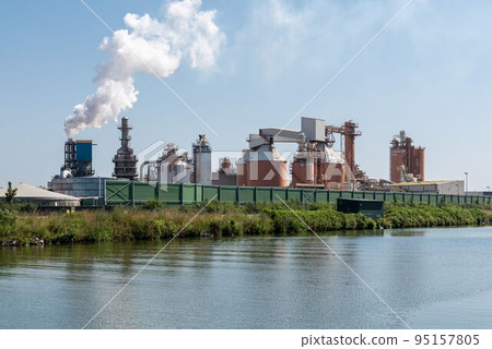 Oostrozebeke, West Flemish Region, Belgium -  Plants and idustry along the canal 95157805