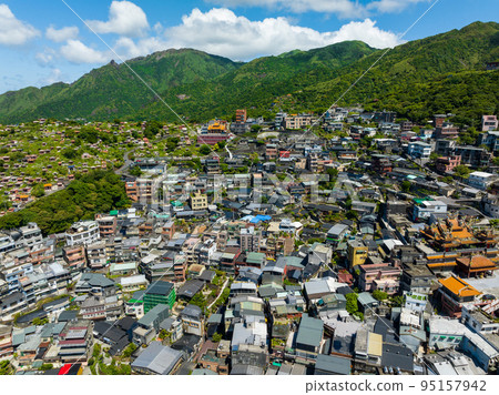 Drone fly over Jiufen of Taiwan 95157942