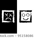 The two faces, smiling and sad face expression inside squares, monochrome illustration. Print. Happiness versus depression concept, black and white. 95158086