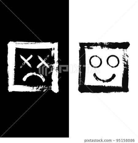 The two faces, smiling and sad face expression inside squares, monochrome illustration. Print. Happiness versus depression concept, black and white. The two faces, smiling and sad face expression inside squares, monochrome illustration. Print. Happiness versus depression concept, black and white. 95158086