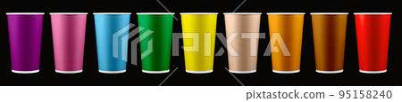 set of coffee to go cup mockup. Disposable cup isolated on black background. Paper takeaway cup. 95158240