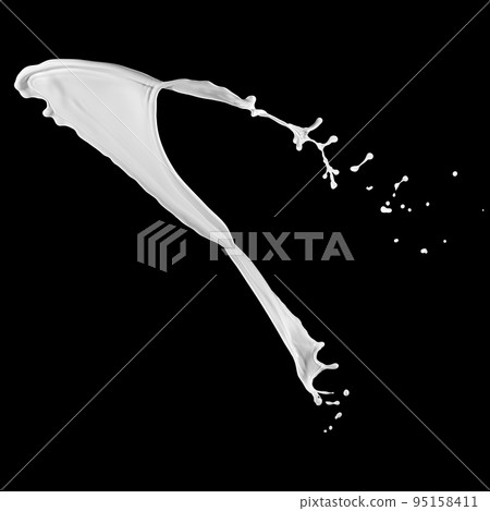 Milk splash, isolated on black background. white splash 95158411