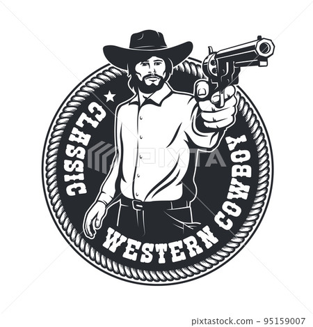 Cowboy aiming a gun - retro western badge. Cowboy aiming a gun - retro western badge. 95159007
