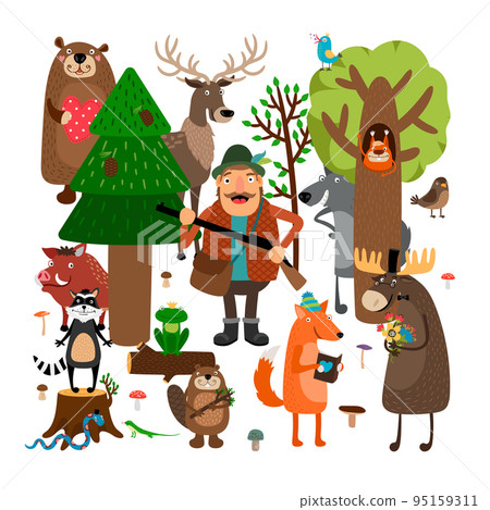 Forest animals and hunter. Vector illustration Forest animals and hunter. Vector illustration 95159311