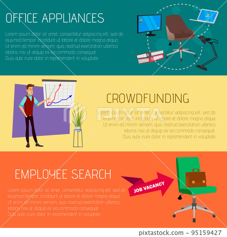 Flat vector camping web banner templates set. Office appliances, crowdfunding, employee search. 95159427