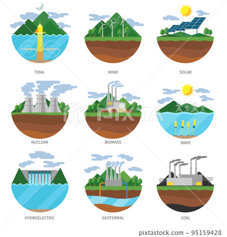 Generation energy types. Power plant icons vector set 95159428