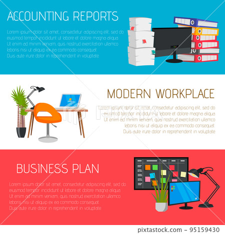 Flat vector camping web banner templates set. Accounting reports, modern workplace, business plan. 95159430