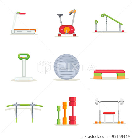 Fitness gym exercise equipment for workout in flat style. Vector icons set Fitness gym exercise equipment for workout in flat style. Vector icons set 95159449