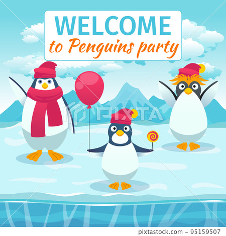 Funny penguins card or party invitation. Vector template 95159507