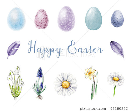 Eggs and flowers Easter set. Watercolor illustration. Hand drawn tender colored egg and spring flowers elements. Happy Easter congratulation sign. White background Eggs and flowers Easter set. Watercolor illustration. Hand drawn tender colored egg and spring flowers elements. Happy Easter congratulation sign. White background 95160222