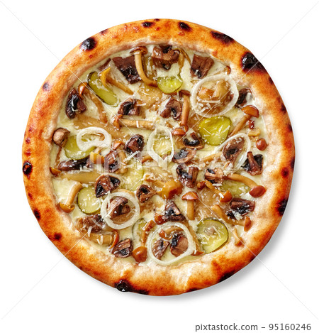 Mushroom pizza with onion, pickled cucumbers, parmesan and edge filled with cream cheese Mushroom pizza with onion, pickled cucumbers, parmesan and edge filled with cream cheese 95160246