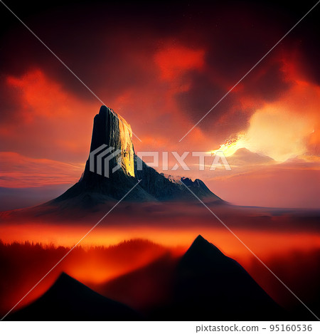 The top of the mountain in the clouds. High rock under the sunset sky. Fictional landscape. Blur in the foreground. Digital illustration. The top of the mountain in the clouds. High rock under the sunset sky. Fictional landscape. Blur in the foreground. Digital illustration. 95160536