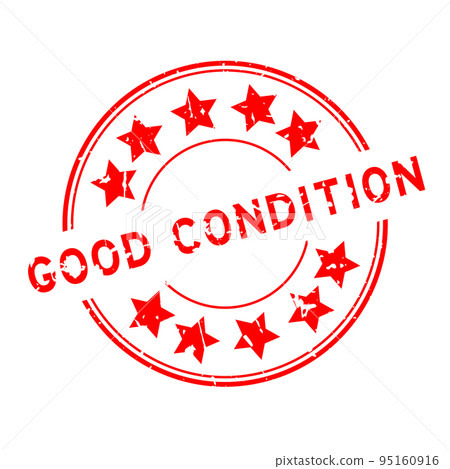 Grunge red good condition word with star icon round rubber seal stamp on white background 95160916