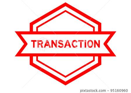 Vintage red color hexagon label banner with word transaction on white background 95160960