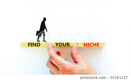 Find your niche symbol. Concept words Find your niche on wooden blocks. Businessman hand. Beautiful white table white background. Business and find your niche concept. Copy space. 95161137
