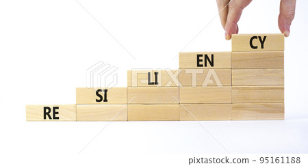 Resiliency symbol. Wooden blocks with word 'resiliency' stacking as step stair on beautiful white background, copy space. Businessman hand. Business and resiliency concept success process. 95161188