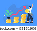 Financial growth concept. The stock market grows up, profits, and successful investing. A woman earns and saves money and invests earnings. Vector flat illustration on the background. 95161906