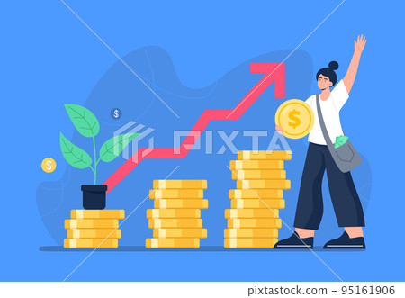 Financial growth concept. The stock market grows up, profits, and successful investing. A woman earns and saves money and invests earnings. Vector flat illustration on the background. 95161906