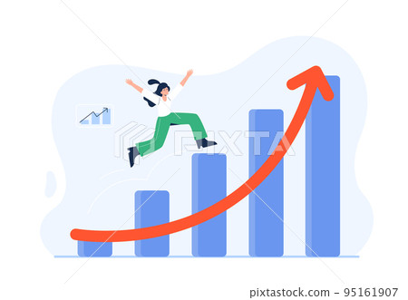 Economic growth concept. The stock market grows up, profits, and successful investing. A woman jumps up on the growing economic graph. Vector flat illustration isolated on the white background. 95161907