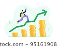 Economic growth concept. The stock market grows up, profits, and successful investing. A businessman jumps up on the growing stacks of coins. Vector flat illustration. 95161908