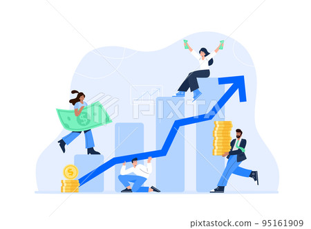 Economic growth concept. The stock market grows up, profits, and successful investing. Happy people earn and save money and invest earnings. Vector flat illustration with characters. 95161909