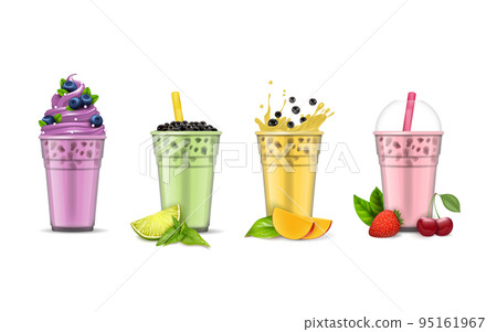 Realistic Detailed 3d Different Fruit Bubble Milk Tea Set with Mango, Lime and Strawberry. Vector illustration of Boba Drink 95161967